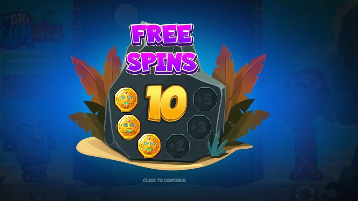 Tampilan layar permainan slot Tiki Elements dengan patung Tiki berwarna-warni dan simbol cluster di grid 6x8.