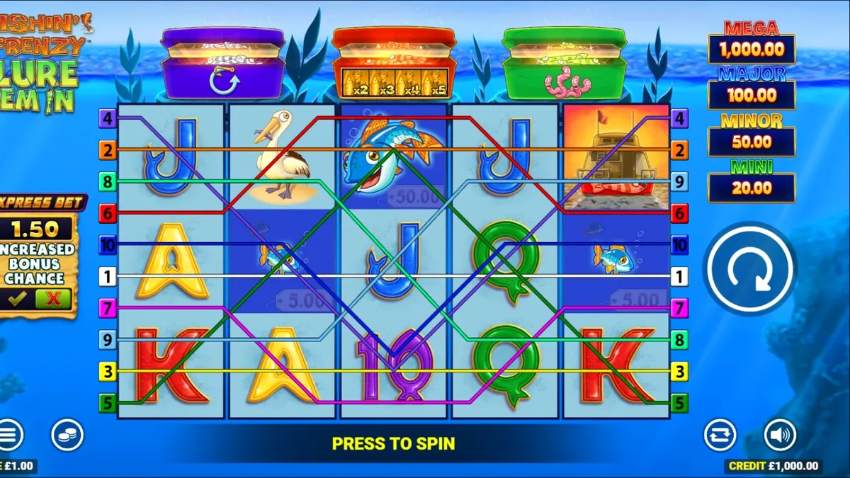 Tampilan layar permainan slot Fishin Frenzy Lure Em’ In di perangkat seluler