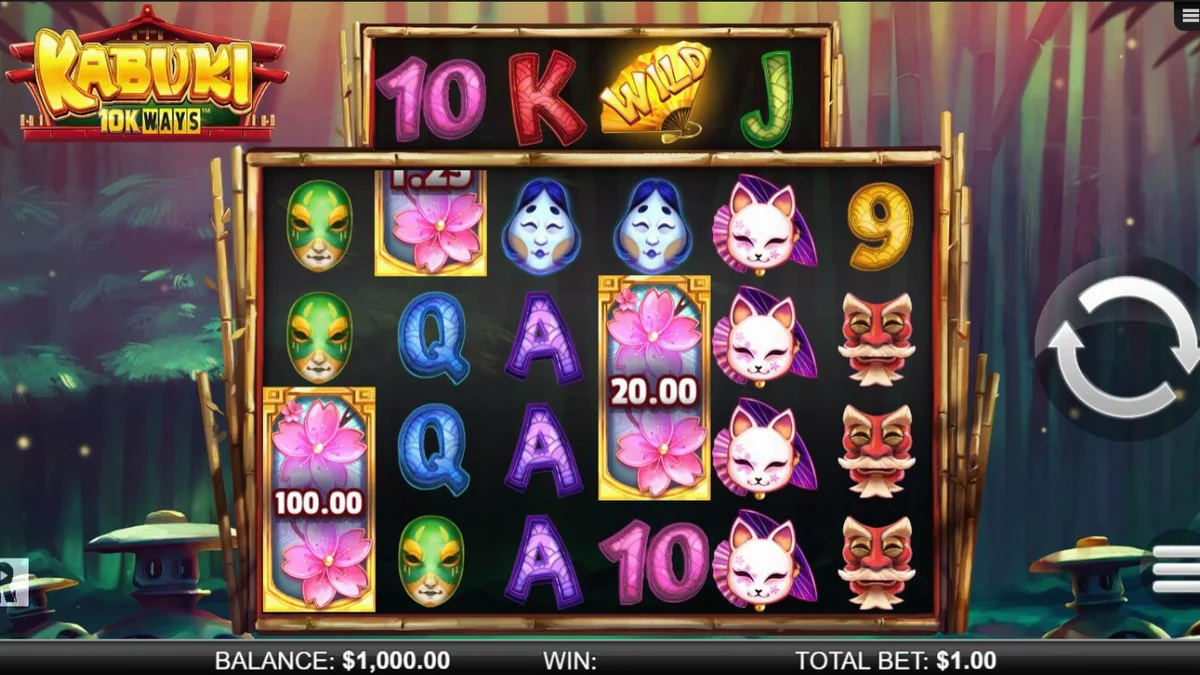 Tampilan layar permainan slot Kabuki 10k Ways dengan latar belakang hutan bambu dan simbol topeng teater.