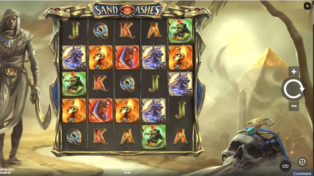Tampilan visual slot Sand and Ashes dengan latar belakang gurun Mesir Kuno